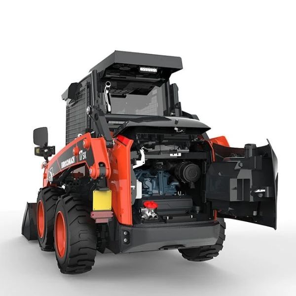 Minicargadora Eurocomach 17SK vista motor con cabina cerrada y cuchara estándar.