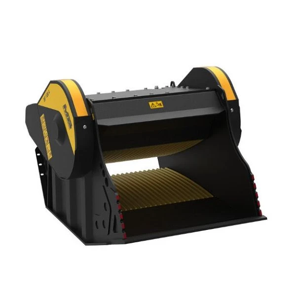 MB Crusher BF120.4 S4 Cuchara Trituradora en excavadora triturando piedra.