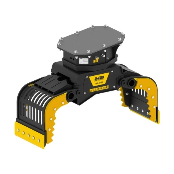 Pinza seleccionadora MB-G450 S4 con lamas abiertas, diseñada para manipulación de rocalla, muro de piedra y trabajos forestales.
