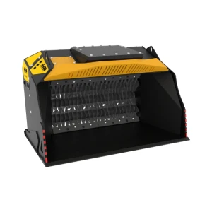 Vista frontal del modelo MB-HDS320 de MB Crusher con rotores de cribado para selección de materiales.