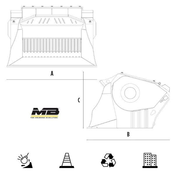 Plano técnico frontal y lateral de la cuchara trituradora MB L120 S2 con medidas A B C para excavadoras 7,5-12 t.