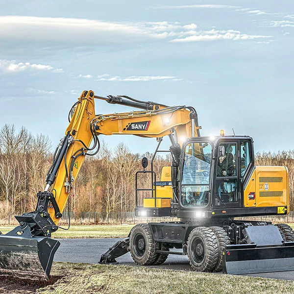 Excavadora de ruedas SANY SY175W con brazo partido, operando en terreno abierto.