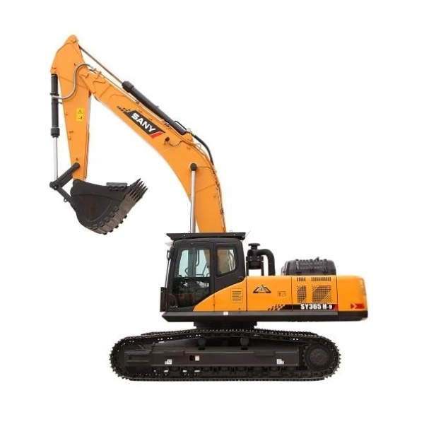 Excavadora SANY SY365H vista frontal con cucharón en posición elevada.