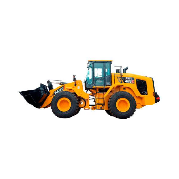 Cargador frontal SANY SW405K en acción, mostrando su robustez y capacidad de carga en un entorno de construcción, destacando su potente motor y cuchara de gran capacidad.