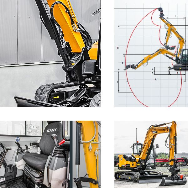 Excavadora compacta Sany SY80U, maquinaria de construcción versátil para terrenos difíciles.