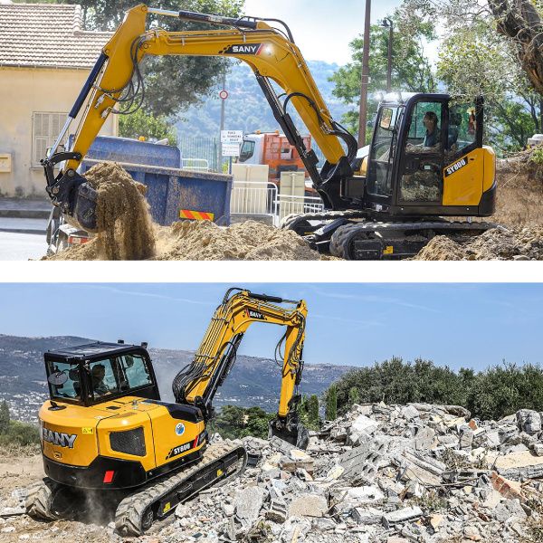 Excavadora Sany SY80U operando en terrenos difíciles, ideal para construcción en áreas complicadas.