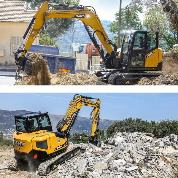 Excavadora Sany SY80U operando en terrenos difíciles, ideal para construcción en áreas complicadas.