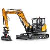 Excavadora compacta Sany SY 80U en acción, con diseño de cola corta y giro reducido, ideal para espacios reducidos.
