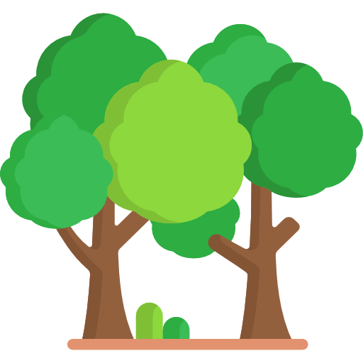 Ilustración de un bosque con árboles verdes, representando la naturaleza y la conservación ambiental.
