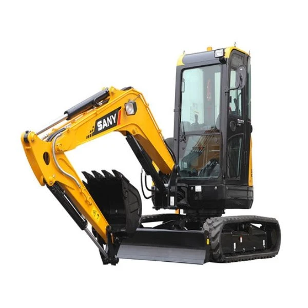 Motor Diésel SANY SY35U Mini excavadora vista frontal con cuchara reforzada.