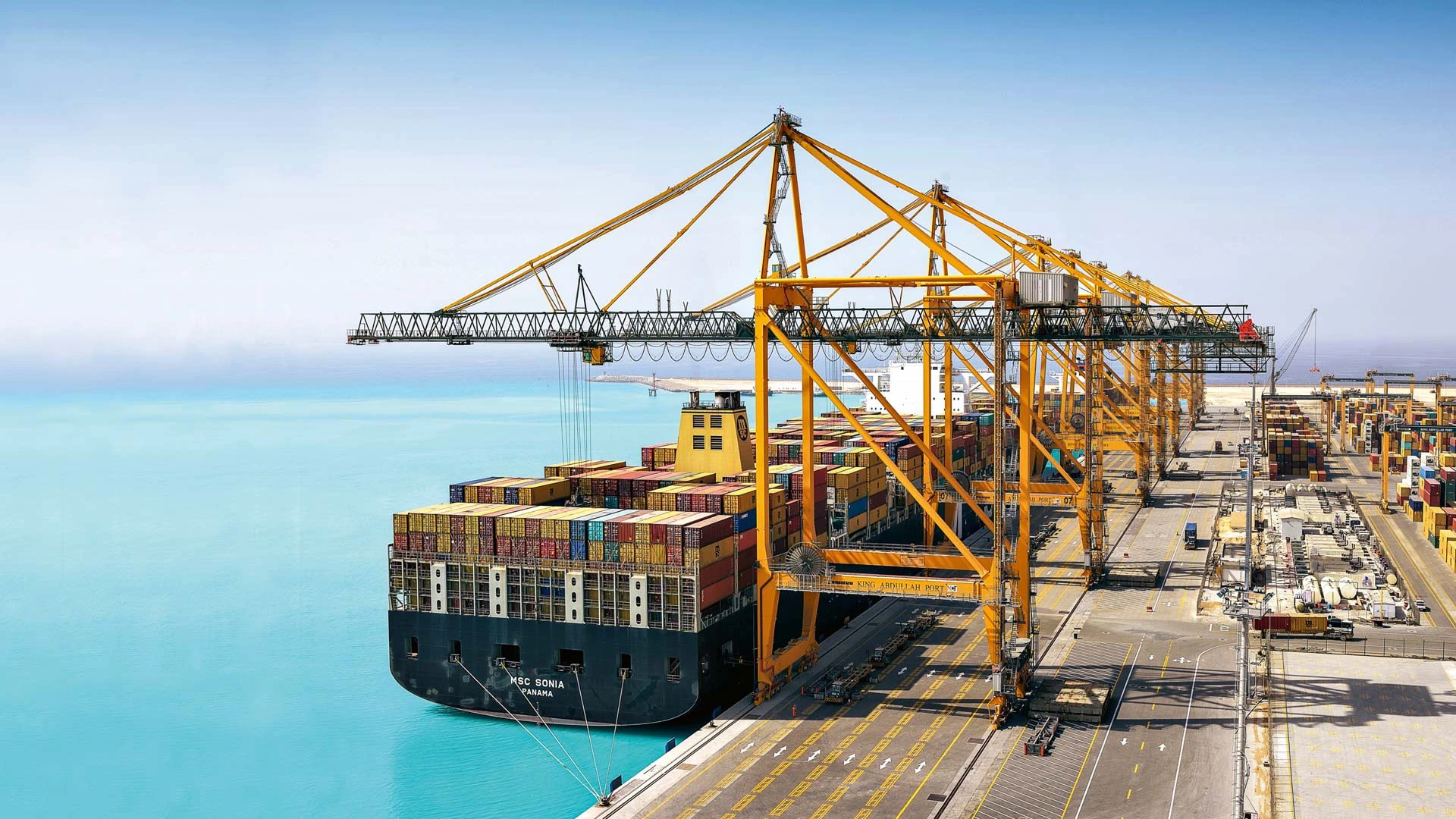 Puerto Comercial con Infraestructuras Logísticas y Barco de Carga.