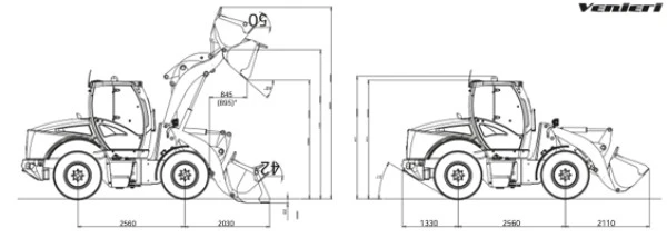 Esquema técnico de la pala cargadora Venieri 10.63D con medidas detalladas, capacidad del cucharón y ángulos de trabajo.