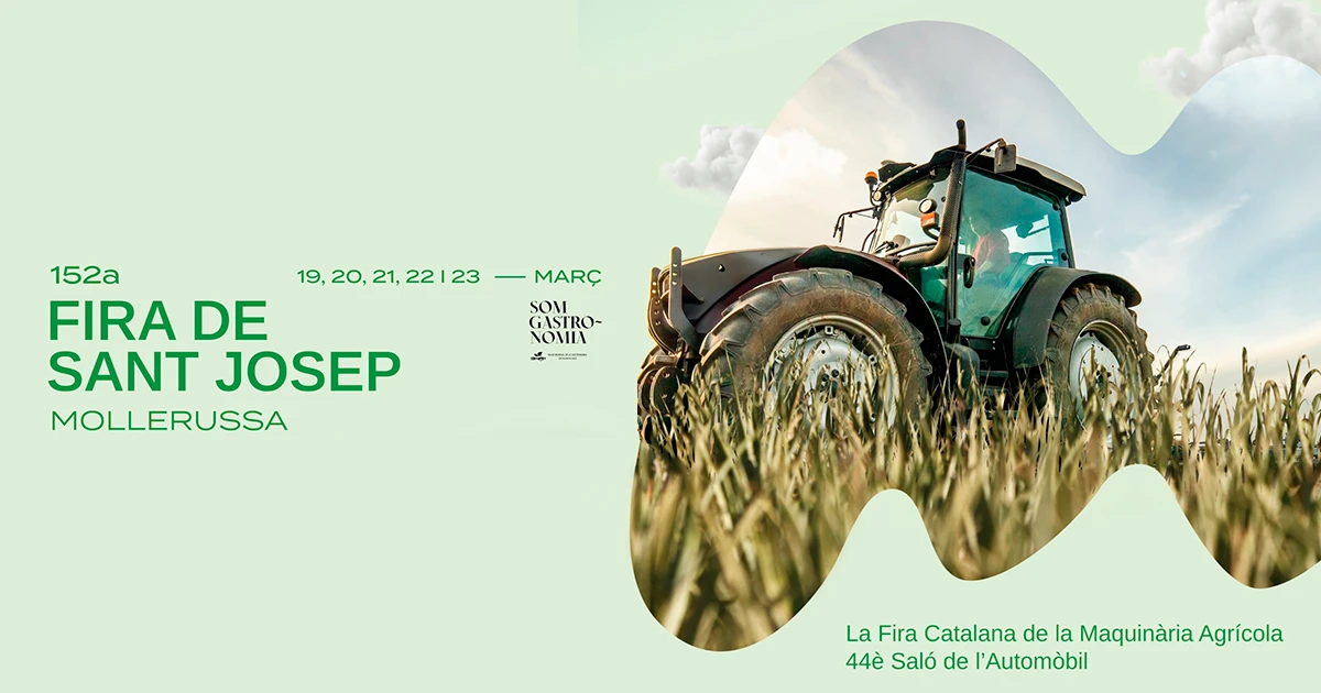 Cartel de la Feria de Sant Josep 2025 en Mollerussa, destacando maquinaria agrícola, maquinaria industrial, excavadoras Sany, retrocargadoras Venieri y novedades para el sector agrario.