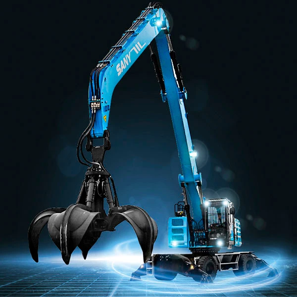 Manipuladora de materiales eléctrica Sany SMHW40E con tecnología avanzada, motor de 218 CV, alto alcance y eficiencia para reciclaje y carga de residuos.