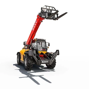 Manipuladora telescópica SANY STH742 con brazo extendido y horquillas elevadas, vista frontal en fondo neutro, ideal para construcción y operaciones logísticas exigentes.