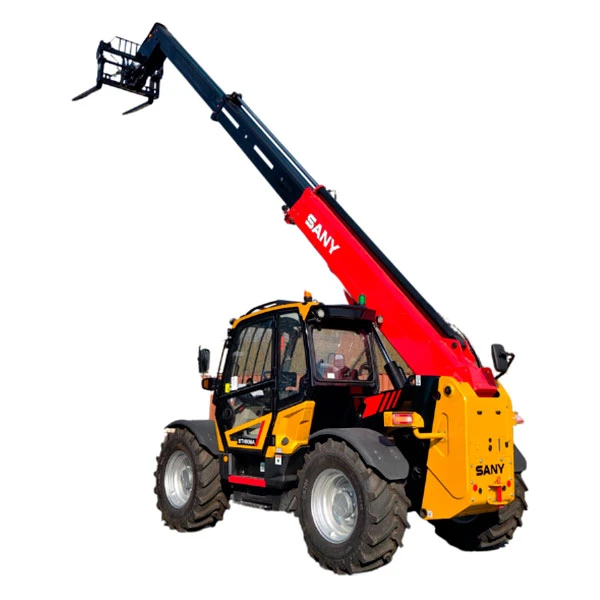 Manipuladora telescópica SANY STH936 en posición de trabajo con el brazo extendido, diseñada para operaciones en construcción, logística y emergencias técnicas.