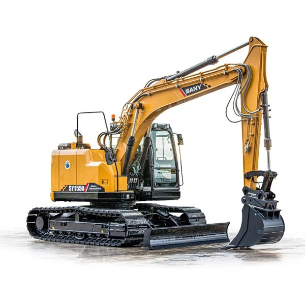 Vista lateral derecha de la SANY SY 155U, excavadora de cadenas con giro reducido, diseñada para espacios estrechos y terrenos exigentes.