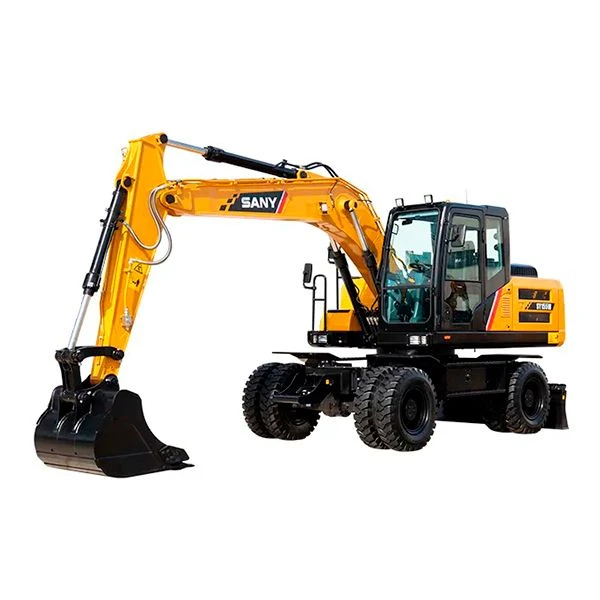 Excavadora de ruedas SANY SY155W con brazo partido y motor Deutz Stage V, diseñada para máxima eficiencia en obras de construcción y movimiento de tierras.