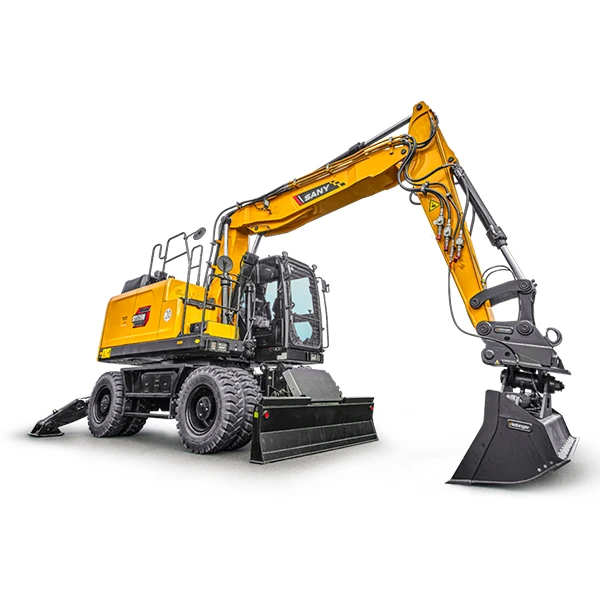 Excavadora de ruedas SANY SY175W, con brazo partido y quinta botella, ideal para construcción y obra pública.