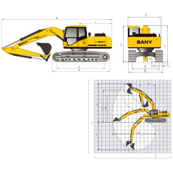 Esquema técnico de la Excavadora SANY SY305 LONG REACH mostrando dimensiones y alcance de trabajo.