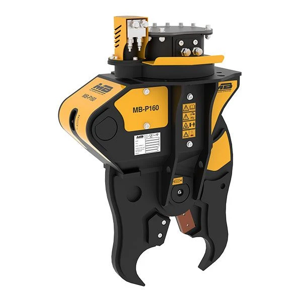 Pinza hidráulica MB-P160 para minicargadores y excavadoras ligeras en tareas de demolición compacta.