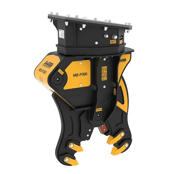 Pinza hidráulica MB-P380 para excavadoras ligeras en trabajos de demolición y corte de estructuras.