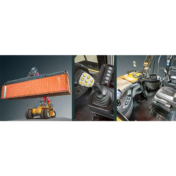 Cabina ergonómica, joystick y operación de carga del Reachstacker SANY en GRUPOCIBSA.