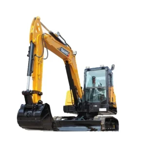 Excavadora compacta SANY SY60C en vista frontal con brazo articulado extendido.