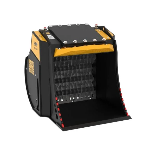 Render frontal de la cuchara seleccionadora MB-HDS407 de MB Crusher mostrando rotores intercambiables.