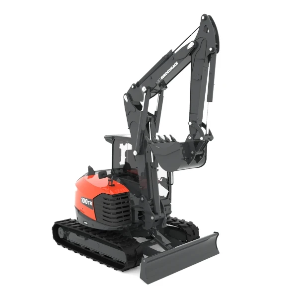 Eurocomach 100TR con brazo triple extendido, hoja empuje y cabina cerrada.