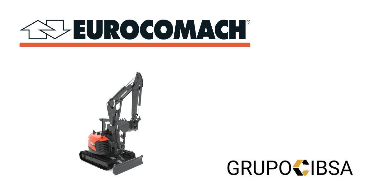 Distribuidor oficial Eurocomach 100TR por GRUPOCIBSA, con logotipos y excavadora compacta.