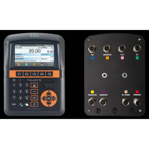 VEI HELPER X con pantalla a color y teclado, módulo posterior con puertos para PRINTER y MODEM, sistema de pesaje a bordo para control de producción.