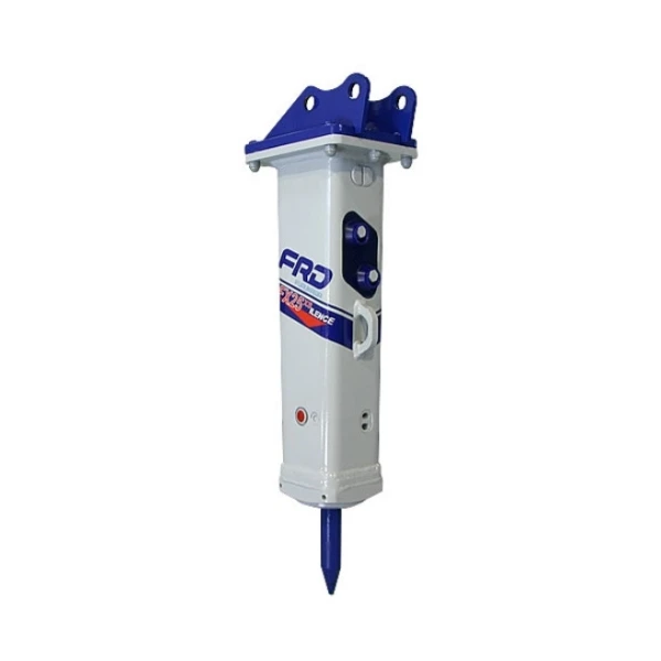Furukawa FX25, martillo hidráulico para miniexcavadora 1–2,5 t con puntero 45 mm, caudal 18–35 l/min y presión 10–14 MPa.