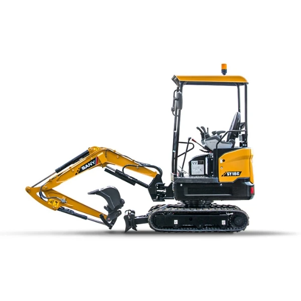 SANY SY16C en vista lateral con canopy y hoja dózer; miniexcavadora de 1.750 kg para trabajos en espacios reducidos.