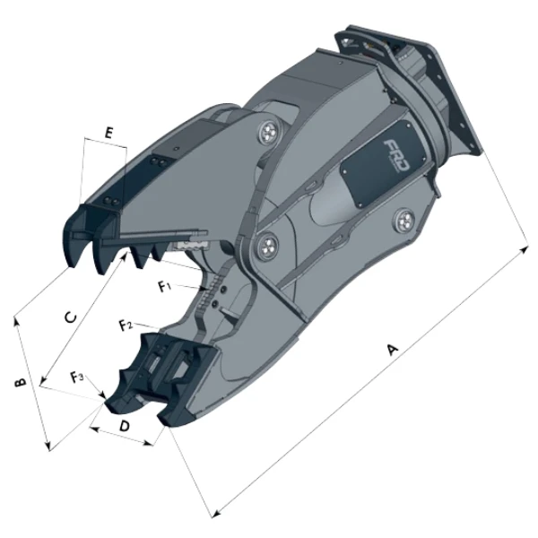 Ilustración 3D de Demoledor Secundario FURUKAWA FRD modelos VM10ER, VM13ER, VM16ER, VM19ER, VM25ER, VM32ER, VM42ER, VM60ER y VM80ER con sus principales medidas y cotas señaladas, utilizada como ficha técnica para seleccionar el implemento idóneo según el tamaño de excavadora, aplicación en demolición de hormigón y reciclaje de materiales, documentación técnica ofrecida por GRUPOCIBSA.