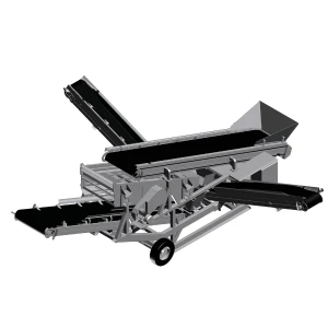 Render 3D de la criba eléctrica móvil CAMS UVS 36 con cintas desplegadas disponible en GRUPOCIBSA.