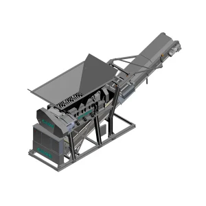 Vista en 3D de la machacadora fija CAMS UTS 1500, diseñada para el reciclaje de escombros y la trituración eficiente de materiales de construcción.